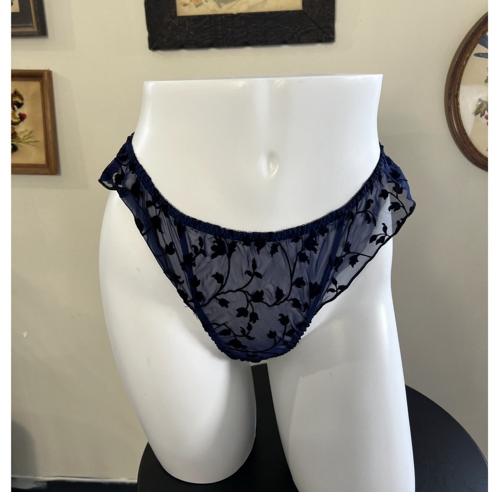 Vintage Navy Blue Flock Floral Sheer Mesh Thong Panties Size Medium